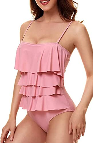 Bañadores Mujer con Volantes Traje de baño de Una Pieza Push Up Bikini Deportivo en Capas Control del Vientre Rosa M