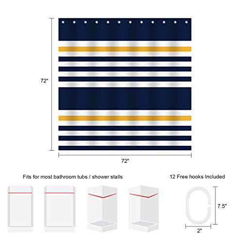 Yaxi Navy Blue Yellow And White Stripes Pattern Shower Curtain Water Repellent Fabric Shower Curtains For Bathroom 72X72 Inches Modern Shower Curtain Set With 12 Hooks #TOP2