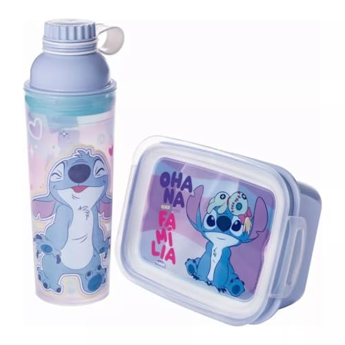 Kit Infantil Marmita Hermética com Travas Garrafa Lancheira Stitch Disney