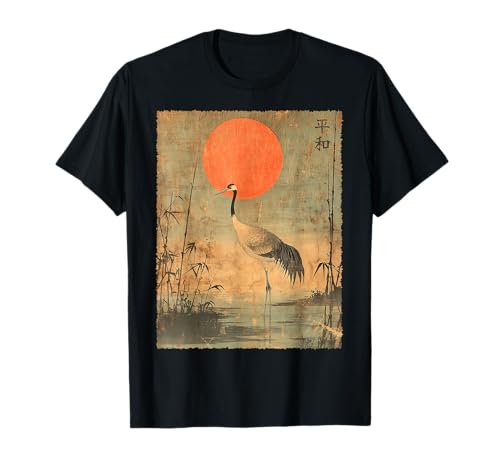 Vintage Crane and Red Sun Vintage Japanese Woodblock Art T-Shirt