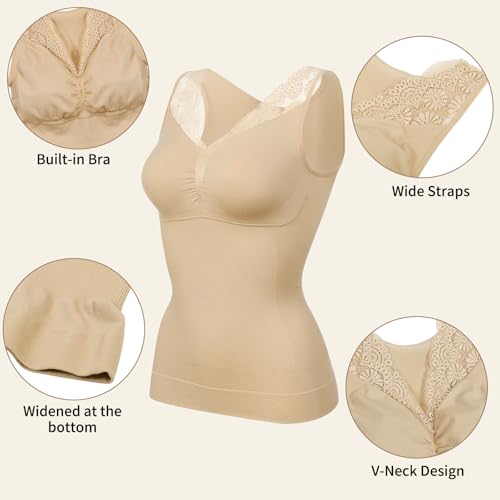 Vivashape Women's Cami with Built in Bra Padded Tummy Control Shapewear Compression Tank Tops Body Shaper V Neck with Lace - Nude Medium - image 4