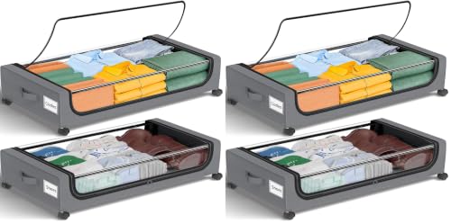 Image of GoMaihe Under Bed Storage with Wheels: 48L Underbed Storage Containers with Lids - Rolling Bins for Shoes Clothes in Dorm Bedroom - Metal Drawers Easy Pull-out Grey 4-Pack
