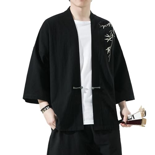 Image of Mens Kimono Cardigan Cotton Linen Japanese Shirt 3 /4 Sleeve Haori Yukata | Skin-Friendly Solid Color Lightweight Shawl Collar Kimono Robe Embroidery Button Tie Pockets Happi Coat All Season Daily Wear
