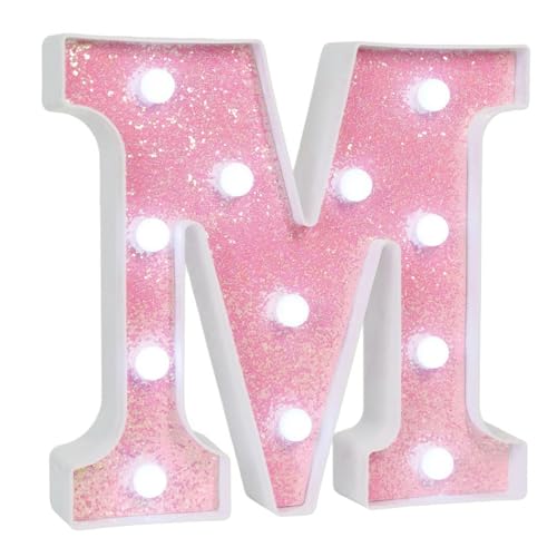 Image of Pink Glitter Marquee Light Up Letters, Battery Operated LED Letter Lights Signs for Pink Birthday Party Table Decorations, Wall Decor for Girls Bedroom, Initial Letter M with Cool White Lights