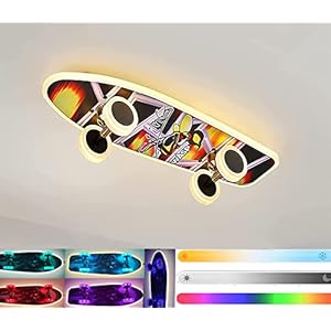 Plafoniera per bambini Lampada da soffitto a LED Cameretta per bambini, Skateboard Luci da soffitto per Bambini RGB Ragazze, Lampadario per Camerette Ragazzi con Telecomando/APP, L60cm 32W