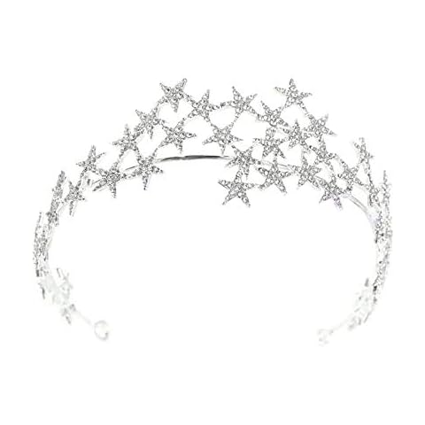 Bling Rhinestone Star Crown Headbands for Women Birthday Wedding Silver Star Tiara Bridal Hair Pieces Cover