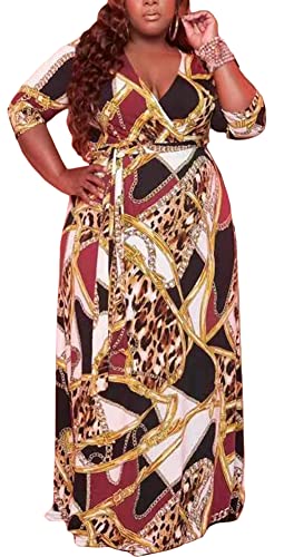 Image of BFFBABY Women's Wrap V Neck Plus Size Maxi Dresses 3 /4 Sleeves Chain Floral Printed Swing Dress with Belt