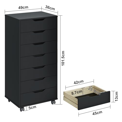 Image of Panana 7 Drawer Mobile File Cabinet, Wooden Under Desk Storage with Wheels Office Organization Vertical Filing Chest of Drawers for Home Office (Black)