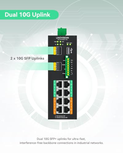 Image of LINOVISION Industrial 8-Port L2 Managed PoE++ Switch with 2X 10G SFP Uplinks and RS485 for Industrial Automation, 4 BT90W PoE Ports, 480W Budget, NDAA Compliant