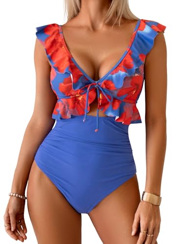 Image of Eomenie One Piece Swimsuit for Women Tummy Control Ruffle Bathing Suit V Neck Ruched Swim Suit Slimming Cutout Swimwear