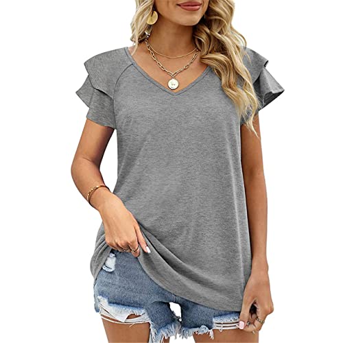 Camiseta de Manga Corta para Mujer Camiseta básica de Verano con Cuello en V Tops a Rayas Informal sólida para Mujer Tops y otoño Tipo túnica de Color sólido de Volante Doble y Cuello en V para Mujer Cover