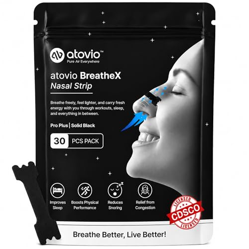 Image of Atovio BreatheX Nasal Strips for Snoring & Congestion Relief | CDSCO Licensed | Extra Strength Drug-Free Nasal Dilator | Sweat-Proof Adhesive | Instant Airflow for Sleep & Sports (Black, 30 Strips)