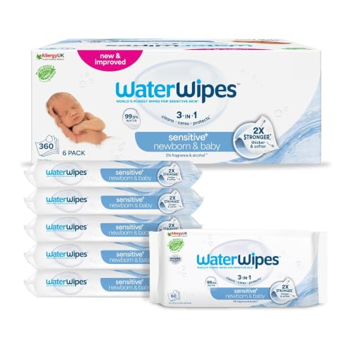 WaterWipes Sensitive+ Newborn & Baby Wipes 360 Count (6 Packs) 3-In-1 Cleans Cares Protects 99.9% Water Unscented
