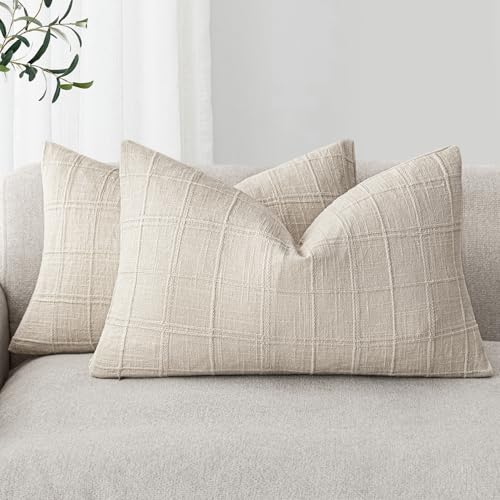 Image of Foindtower Set of 2 Decorative Linen Check Throw Pillow Covers Neutral Farmhouse Lumbar Cushion Covers Modern Boho Home Decor for Sofa Chair Couch Bedroom Living Room,12x24 Inch,Natural Beige