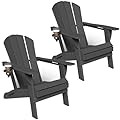 GLANC Folding Adirondack Chair Set of 2, HDPE All-Weather Outdoor Patio Fire Pit Chairs Lawn Chair for Poolside Backyard Deck Balcony, Wooden Textured with Cup Holder, 380LBS Capacity (Black)