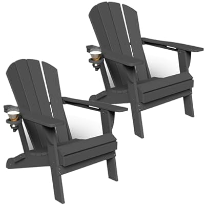 GLANC Folding Adirondack Chair Set of 2, HDPE All-Weather Outdoor Patio Fire Pit Chairs Lawn Chair for Poolside Backyard Deck Balcony, Wooden Textured with Cup Holder, 380LBS Capacity (Black)