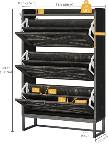 DWVO Farmhouse Shoe Storage Cabinet with 3 Flip Drawers, Slim Shoe Cabinet for Up to 24 Pairs, Narrow Shoe Rack for Entryway, Living Room, Hallway (Dark Rustic Oak)