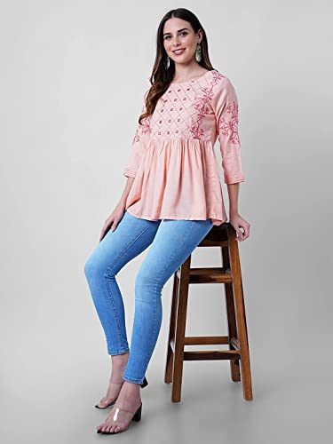 Image of Shiva Fab Short Kurti for Women | Embroidered Straight Rayon Kurta | Round Neck Full Sleeves Short Kurti for Women's (Small, Black & Pink Front-2 Pack)