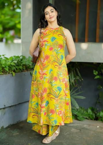 Image of Klosia Women Pure Cotton Kurta Palazzo Set | Sleeveless Printed Kurta with Palazzo Pants | Summer Friendly, Office Wear Co-Ord Set