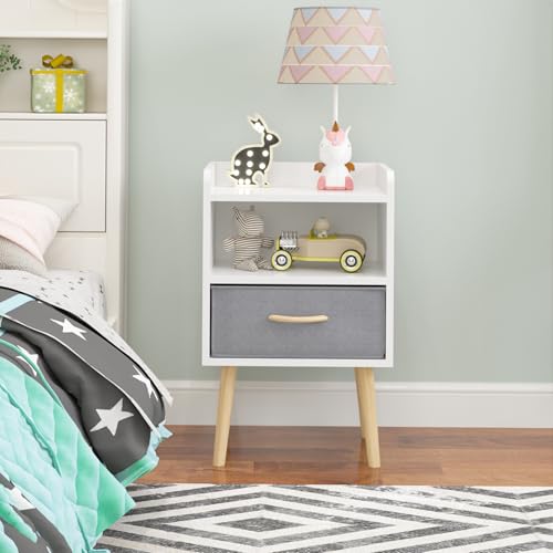Image of extrasleep White Wooden Nightstand with Fabric Drawer, 2-Tier Modern Storage End Table, 25 inch H Wood Bedside Table with Storage, Small Night Stand for Kids Room Nursery Playroom Bedroom