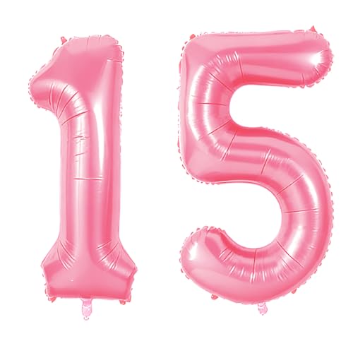 Number 15 Balloons for 15th Birthday Party Decorations, 0-100 Large No.15 Balloons for Girls Boys and Daughter Son, 40 Inch Jewelry Pink Foil Helium Balloon for 15 Year Old Anniversary Decorations