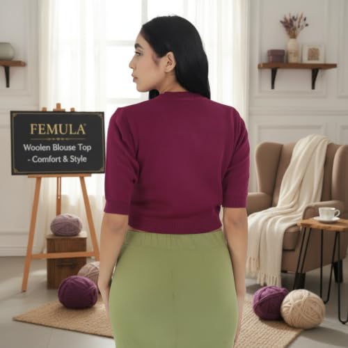 Image of Women Winter Wear V-Neck Half Sleeves Regular Fit Woollen Blouse