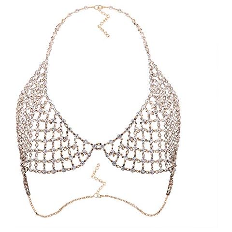 idealway Sexy Crystal Rhinestones Body Jewelry Fashion Bikini Chain Necklace Hollow Out Underwear Bra Design Summer Beach (Gold) (Gold) Cover