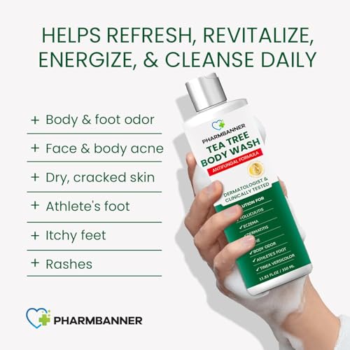 PHARMBANNER Tea Tree Antifungal Body Wash – Soothes Folliculitis, Acne, Jock Itch, Athlete’s Foot, Ringworm, Tinea Versicolor, Body Odor, Eczema & Dermatitis-Prone Skin