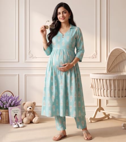 Image of DUMMY SHAPE Maternity Dresses for Women Cotton | Floral Kurta Pant Dupatta Set with Nursing Zippers, Side Pocket | Pre & Post Pregnancy | Feeding Kurti Suit | Baby Shower | Gifts for Pregnant Woman