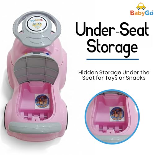 Image of BabyGo Bunny Ride-On Push Car for Toddlers with Music & Horn | Backrest & Safety Guard | Under-Seat Storage | Big Wheels | Ride-On for Kids 1-3 Years Up to 25 kg (Pink)