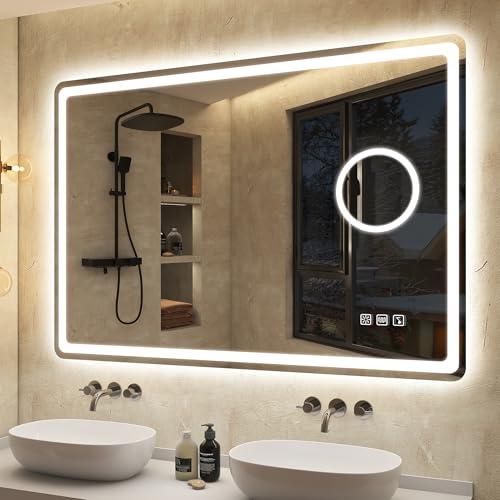 S'bagno Bluetooth Bathroom Mirror with Lighting 100 x 70 cm, Bathroom Mirror with Lighting and 5x Magnifying Glass, De-fogging, 3000 K/4000 K/6500 K, Dimmable, Memory, HD Tempered Glass, IP4