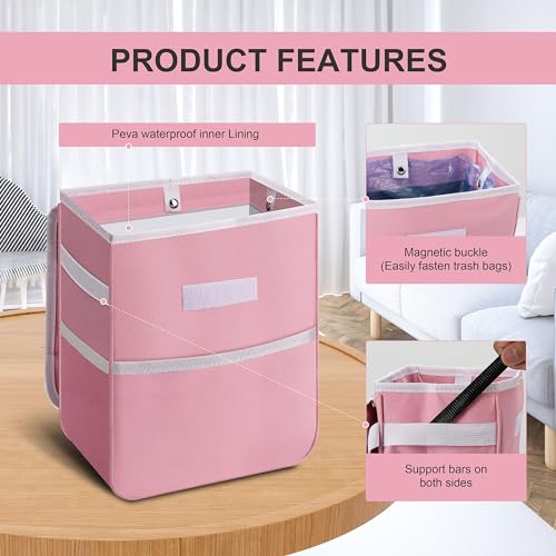 Image of Healsmart 2 Gallon Car Trash Can Lid and Storage Pockets, Leak-Proof Collapsible and Portable Organizer, Multipurpose Garbage Bin with Adjustable Straps, Pink