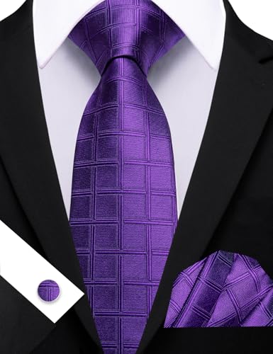 Image of Barry.Wang Plaid Ties Check Mens Necktie Set with Handkerchief Cufflinks Classic Stripe