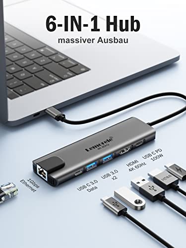 Lemorele USB C Hub HDMI, 6 in 1 USB C Hub mit Gigabit Ethernet, 4K@60Hz HDMI, 2*USB 3.0&USB C 3.0 Port, 100W PD Aufladung, USB C Docking Station kompatible MacBook, Laptop, PC, Windows, XPS und mehr