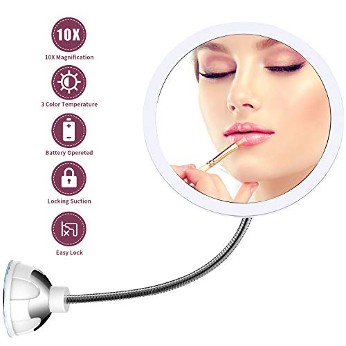 STLOVe - Espejo de Maquillaje con iluminación de 10 aumentos, Espejo de Maquillaje, Espejo Flexible para Cuarto de baño, rotación 360º, Cuello de Cisne Flexible para Maquillaje y Afeitado