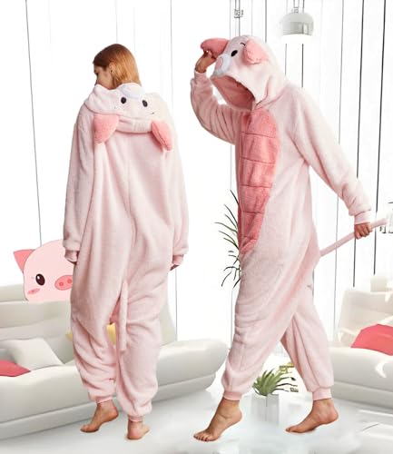 Laahoem Tier Schwein Pyjamas Unisex Erwachsene Kapuze Männer Frauen Overall Kostüm Cosplay Nachtwäsche Pink L