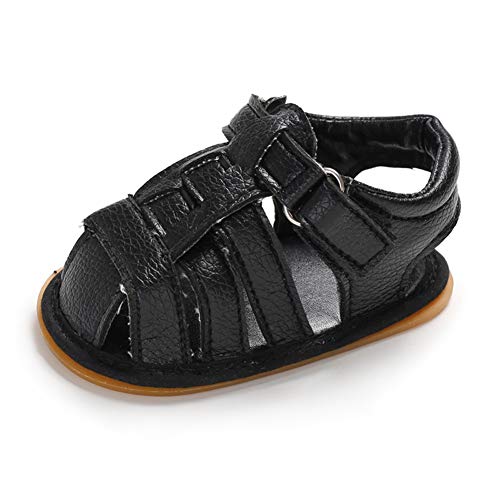 Meeshine Toddler Boy Girl Baby Sandals with Closed-Toe Leather Non-slip Sole for Kids Infant Outdoor Summer Beach Sport Casual Sandals(Black, 6-12 Months)