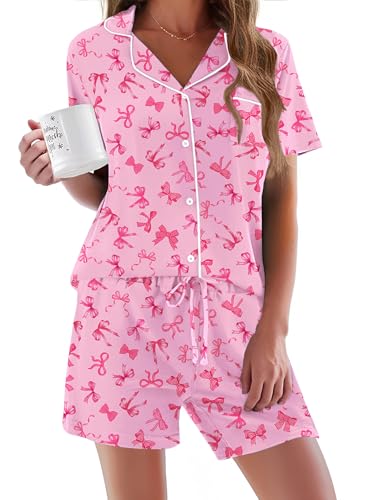 Image of Ekouaer Pajamas Set for Women Short Sleeve Sleepwear Button Down Pjs Soft 2 Piece Lounge Sets XS-XXXL