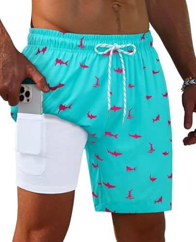 Image of Gleeease 7inch Mens Swim Trunks 2 in 1 with Compression Liner Pockets Drawstring Quick Dry Stretch Lined Funny Beach Pool