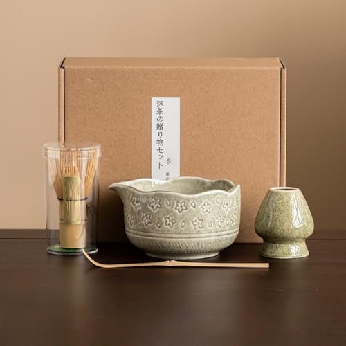 Dudass お抹茶セット 抹茶泡立て器セット 抹茶碗 百本立 茶筅 茶筅立て 茶杓 茶さじ 初心者さん向け 茶道具 茶道 伝統的工芸品 お手入れも簡単 敬老の日 父の日 母の日 クリスマス 新年 誕生日 ギフト プレゼント (グリーン,7点セット)