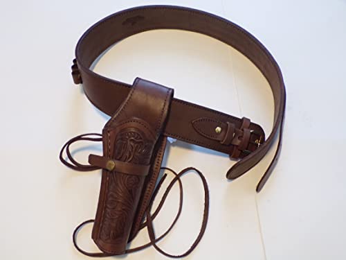 Western Burgundy Leather .22 Caliber Gun Belt and Right Handed Tooled Holster Combination (40) - Sizes are for Hip Size