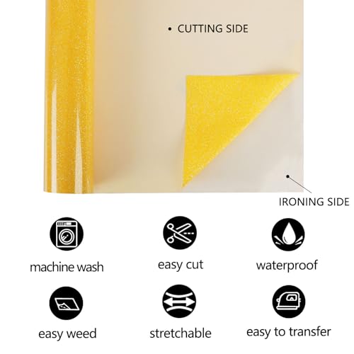 Image of FUNKAKA Glitter Fluorescent Gold HTV Heat Transfer Vinyl Rolls, 12 inch x 10ft PU Iron on Vinyl for T-Shirts, Glitter HTV Vinyl for All Cutter Machines Easy to Cut & Weed for DIY Design