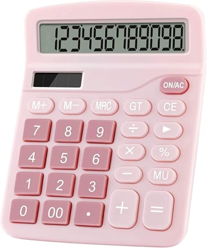 Cute Desktop Basic Calculator for Kids, Dual Solar and Battery Power, Simple 4 Functions and Basic Financial Calculations with Big Buttons and 12 Digit Large Display for Office, Home, School