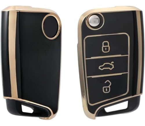 Image of TPU Car Key Cover Black & Golden Compatible for Volkswagen Taiguan, Virtus, Tiguan, T-ROC, Jetta (Volkswagen, 3 Button Flip Key New)