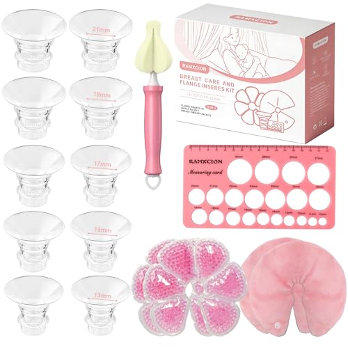Nipple Rulers & 10PCS Breast Pump Flange Inserts 13/15/17/19/21mm Compatible with 24mm Flanges/Shield of Most Breast Pumps 2PCS 3-in-1 Hot and Cold Breast Gel Pads Flange Sizing Kit - BPA Free