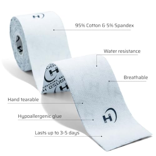Image of HANSO Classic Plus Kinesiology Tape Premium Cotton Blend | Tape for Physiotherapy, Sports Injuries, Pain Relief, Muscle Support (White)