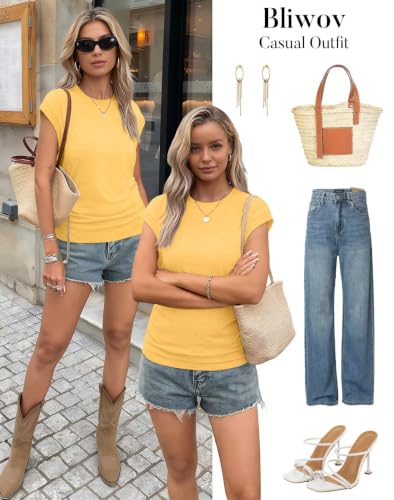 Image of Bliwov Womens Summer Tops Cap Sleeve Crew Neck Casual T Shirts