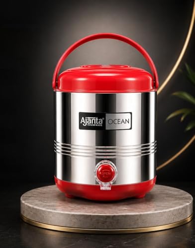 Image of Ajanta Ocean8 Stainless Steel Water Cooler, Water Dispenser Hot & Cold, Thermosteel, PU Insulated, Portable, Travel Friendly, Water Jug for Offices, Shops, Picnics (Red, 5 litres)