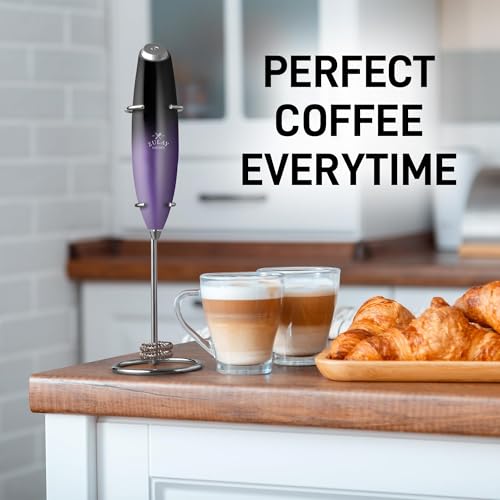 Image of Zulay Kitchen Powerful Milk Frother Wand With Duracell Batteries - Ultra Fast Handheld Drink Mixer - Electric Whisk Foam Maker for Coffee, Lattes, Cappuccino & Matcha - Double Whisk - Black Purple