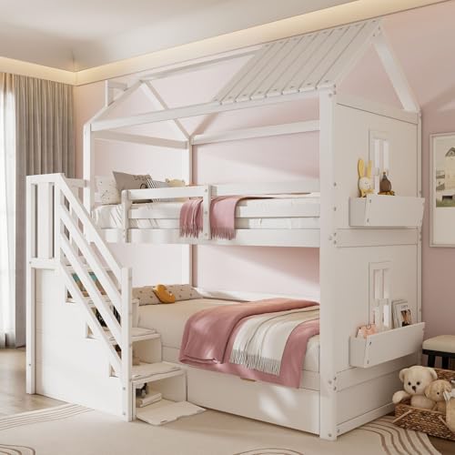 Cama alta multifuncional, litera infantil para niñas y niños, cama tipo casita con escalera, cajones y estantes, gran espacio de almacenamiento, sin colchón.